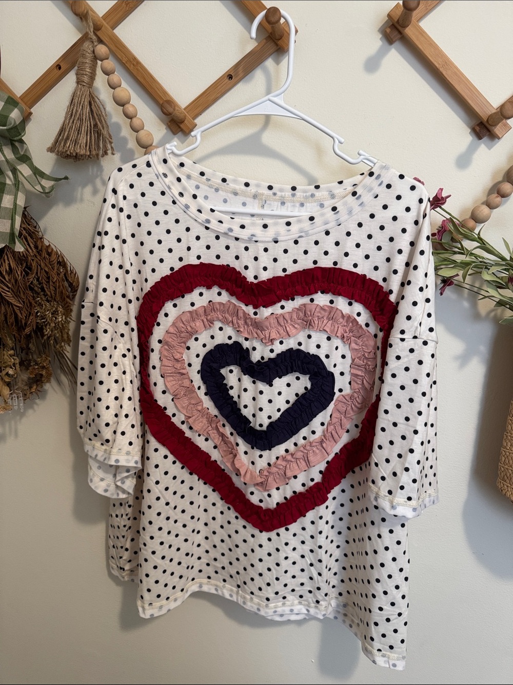 SHEIN White Polka Dot Blouse with Red Pink and Navy Heart Ruffles